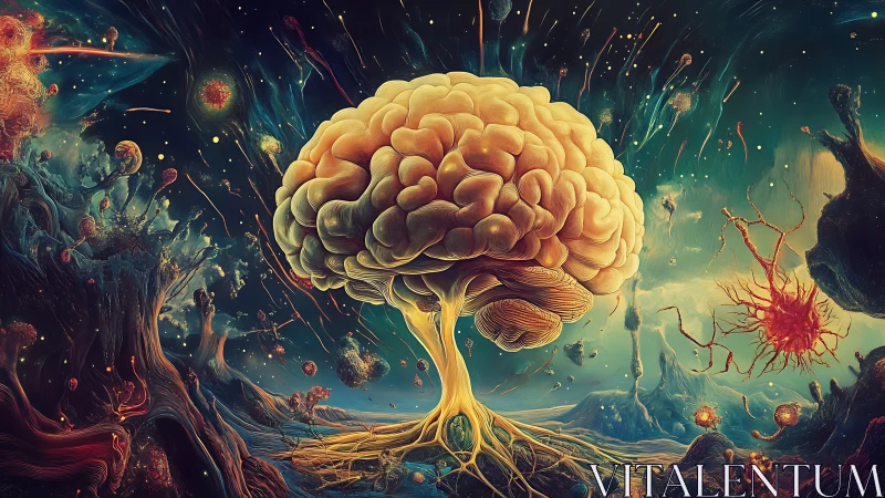 Neural tree brain glows within cosmic synapse landscape.