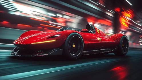 Sleek red hypercar races through neon tunnel at full speed