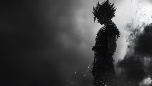Silhouetted spiky haired warrior in monochrome cloudy space.