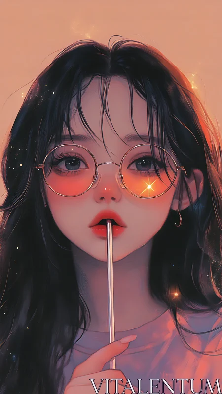 Digital painting portrait with neon-tinted glasses and straw focus.