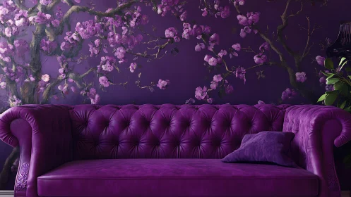 Plush purple sofa stands before textured floral mural wall