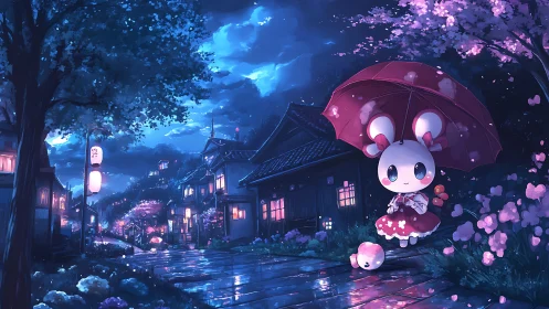 Nighttime village street scene includes stylized rabbit figure