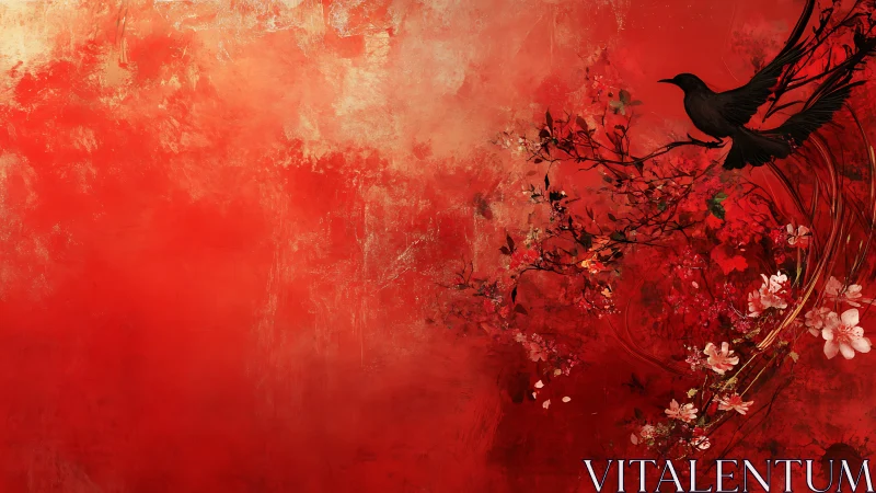 Black bird silhouette over red floral abstract background.