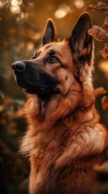 Autumn-lit German Shepherd portrait with cinematic bokeh glow.