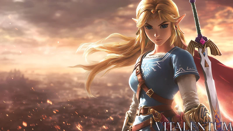 Armored elf warrior stands before distant city at sunset