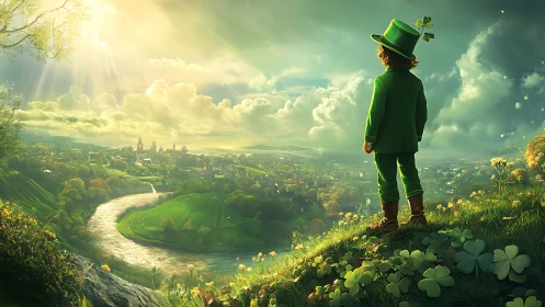 Leprechaun child surveys sunlit valley in lush fantasy landscape