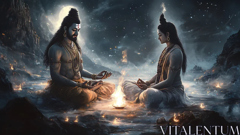 Mystical meditating couple by sacred fire under moonlit sky.