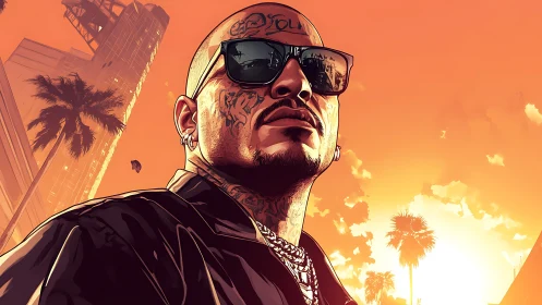 Urban sunset portrait of tattooed man in bold shades.