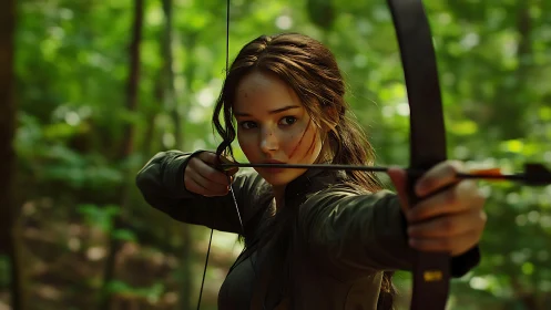 Focused forest archer in mid-draw under diffuse green light.