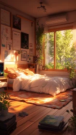 Sunlit bedroom interior with plants and wall artworks.