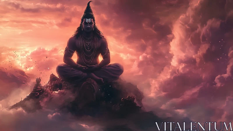 Meditating deity figure sits above mountains in glowing clouds
