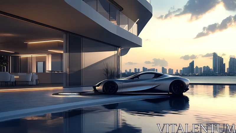 Modern waterfront residence with low sports car at dusk.