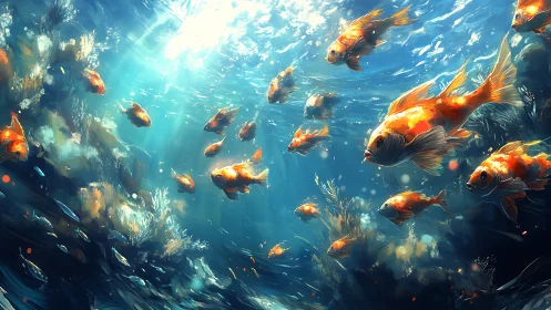 Golden koi drifting through sunlit underwater reefscape.