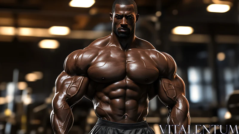 Focused bodybuilder radiating strength in a warm gym glow.