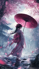 Cherry blossom reverie with crimson umbrella and soft rain.