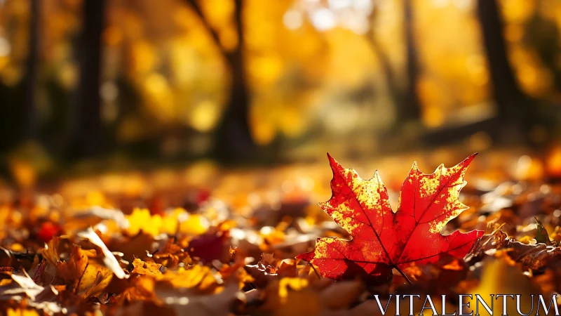 Red maple leaf on sunlit autumn forest floor.