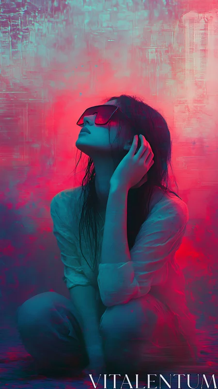 Neon daydreamer pausing in a storm of electric color.