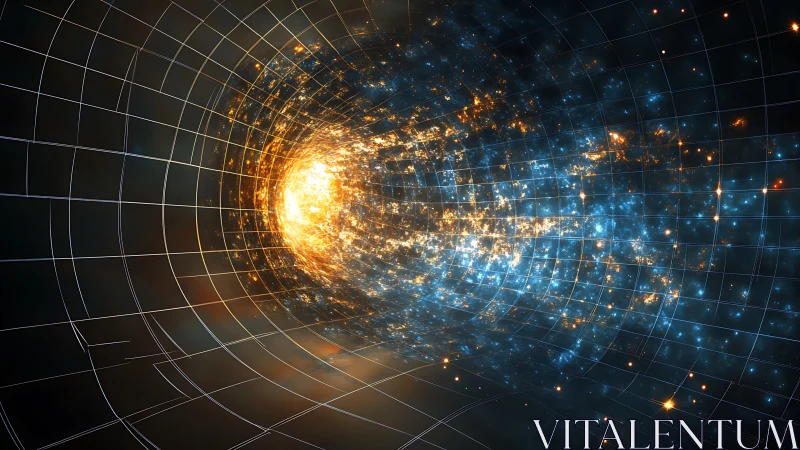 Starlit spacetime tunnel pouring into a blazing quantum core.