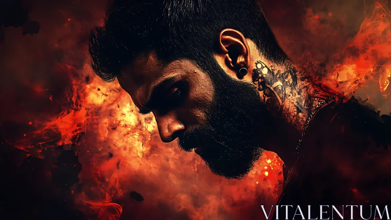 Profile view of tattooed man against abstract fiery backdrop.