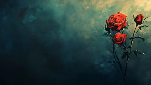 Crimson Roses Against Teal Atmosphere with Moody Expressionist Rendering.