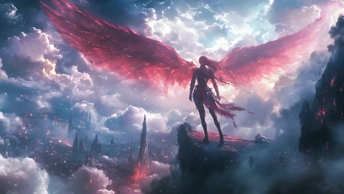 Crimson seraph guards a stormlit sky kingdom in burning dawn.