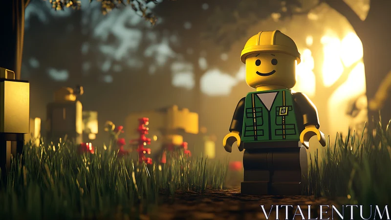LEGO construction worker stands in outdoor garden setting with golden evening lighting