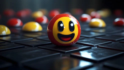 Cheerful glossy emoji sphere on dark tiled surface.