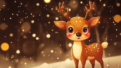 Cute baby reindeer smiles in softly glowing winter snowfall.
