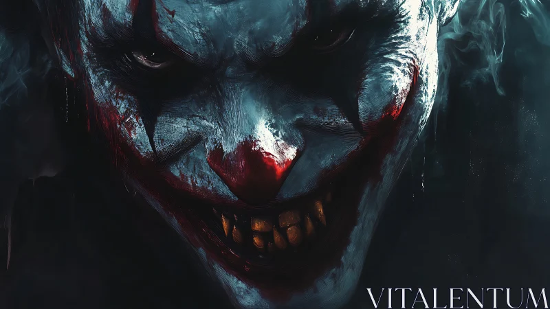 Sinister clown close‑up radiates menace in smoky darkness