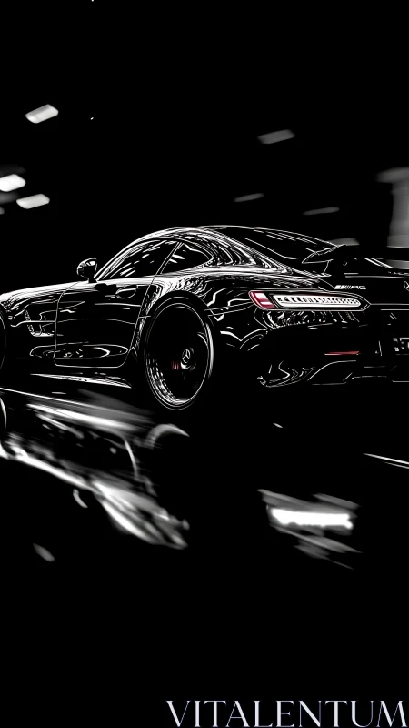 Sleek black sports car glides through a glowing night tunnel