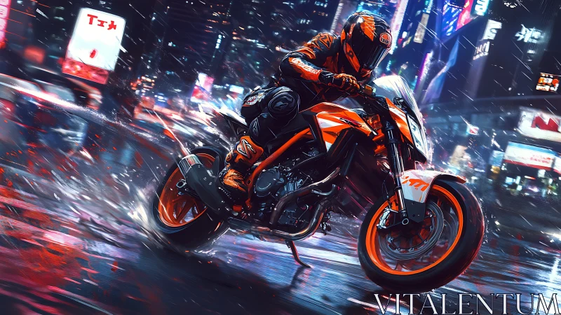 High-speed sport motorcycle cornering on wet neon-lit city street
