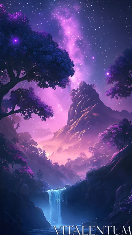 Mountain waterfall under violet nebula sky glows softly