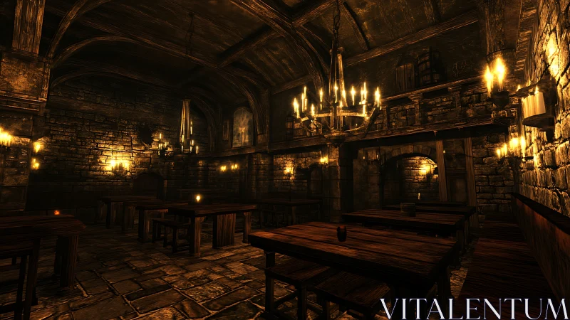 Medieval tavern hall glows under warm candle chandeliers.