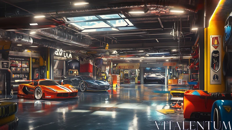 Sunlit supercar workshop humming with glossy dream machines.