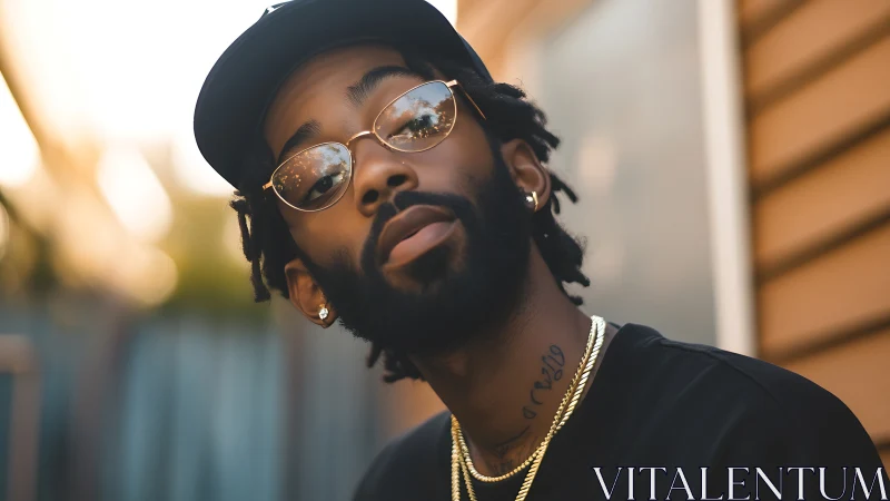 Stylish bearded man in golden hour street portrait