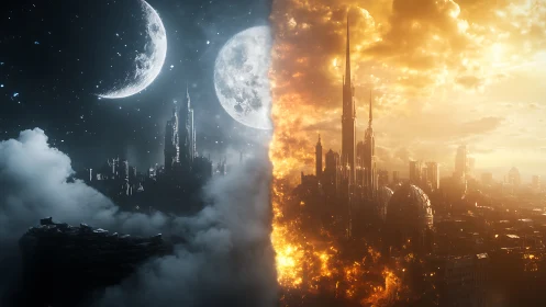 Bifurcated celestial megacity under lunar night and solar fire