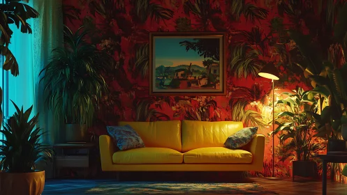 Yellow sofa anchors tropical red living room vignette.