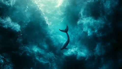 Solitary mermaid tail curls toward a stormlit ocean ceiling