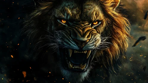 Digital close-up of roaring lion with fiery dramatic lighting.