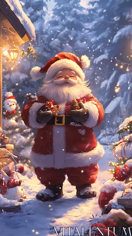 Santa figure in snowy outdoor scene with holiday decorations.