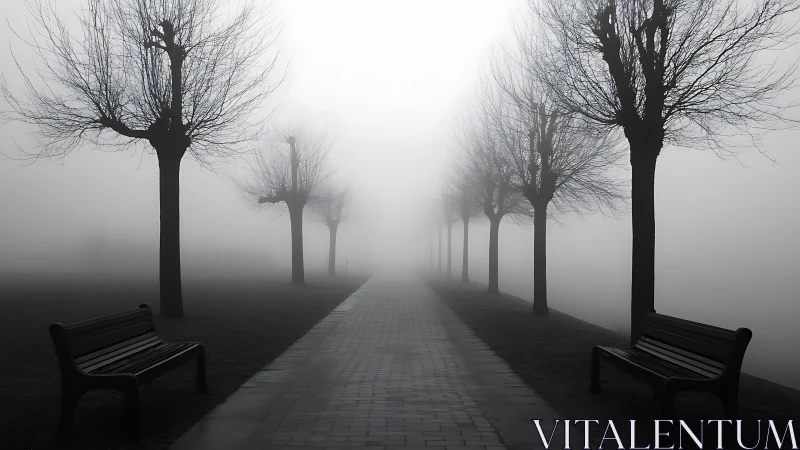 Foggy park walkway with bare trees and benches at dawn.