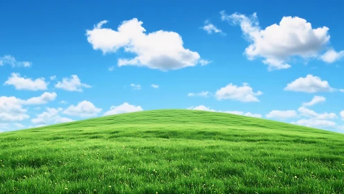 Sunny green hillside rolls gently under soft drifting clouds