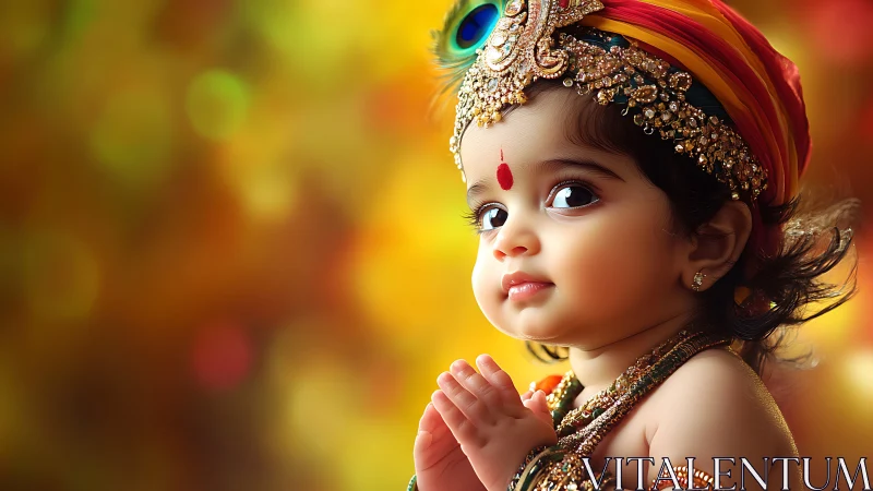 Baby dressed in ornate Indian costume praying pose.