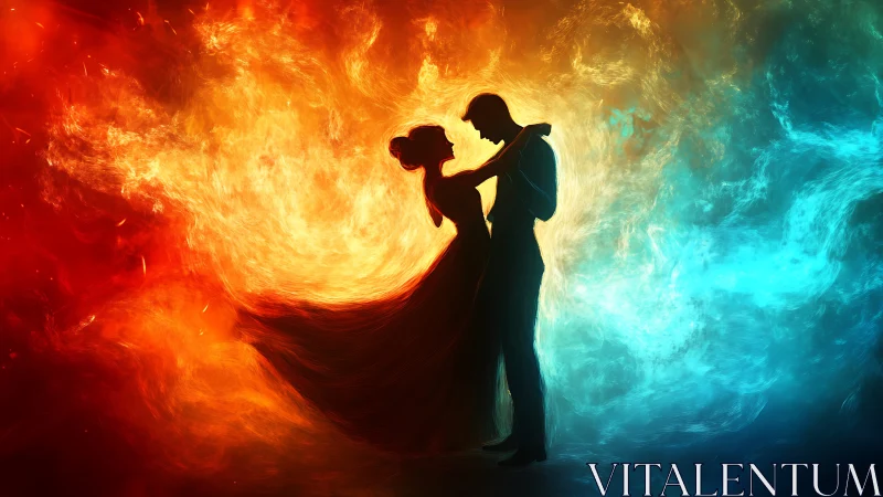 Silhouetted figures positioned within contrasting fire and ice energy fields