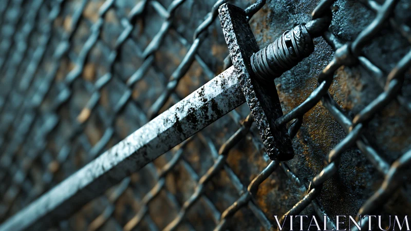 Weathered longsword embedded in chain-link fence surface.