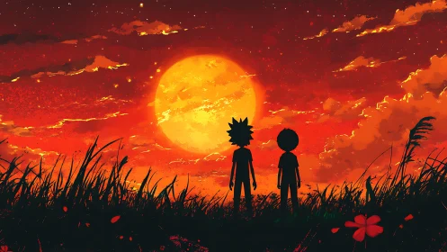 Digital sunset silhouettes under blazing crimson sky.