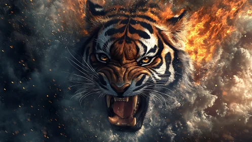Hyperreal tiger head emerging through volumetric fire and smoke