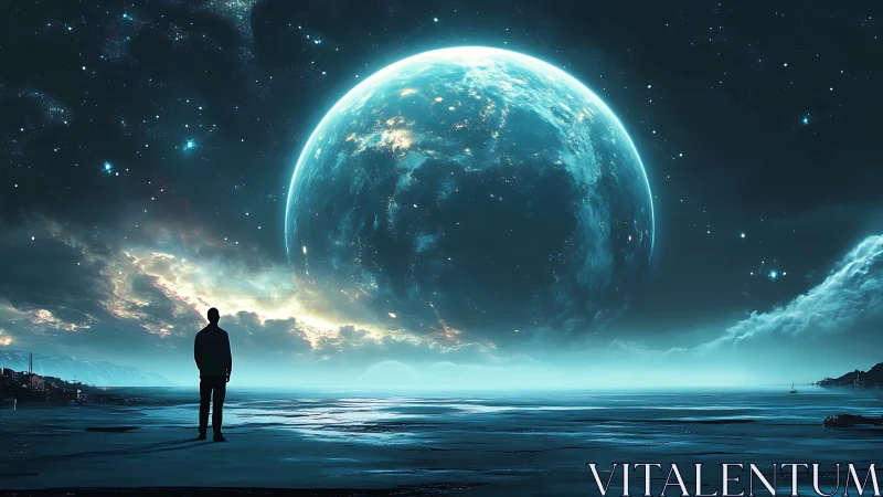 Lone figure gazes at luminous planet above tranquil sea