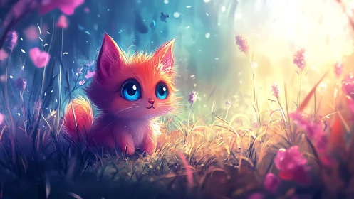 Orange cartoon kitten in glowing flower meadow at dusk.
