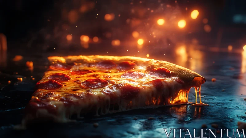 Photoreal pepperoni slice with molten cheese and bokeh firelight.